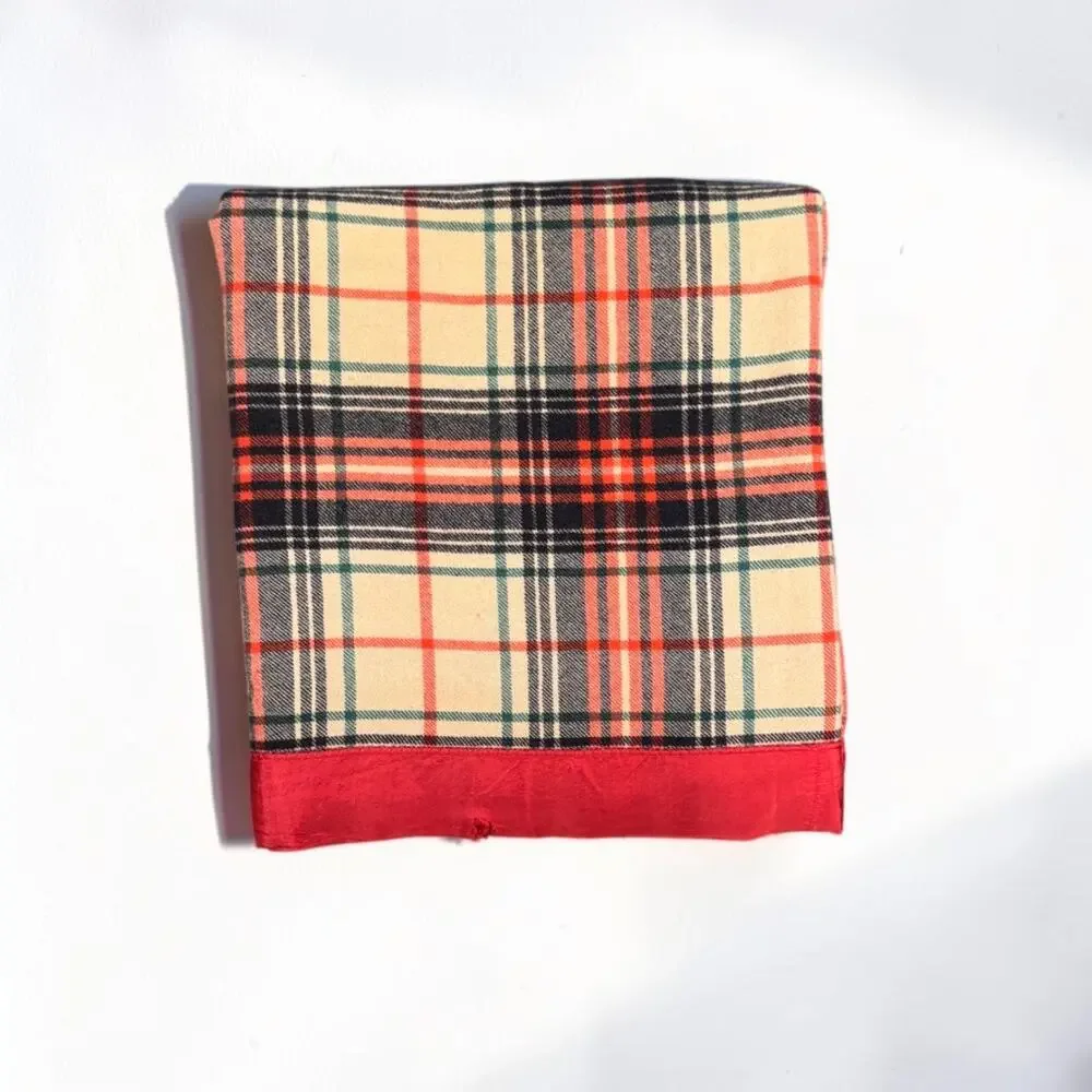 Vintage Golden Dawn Wool Plaid Blanket Satin Trim Cream Red Green 80”x72”